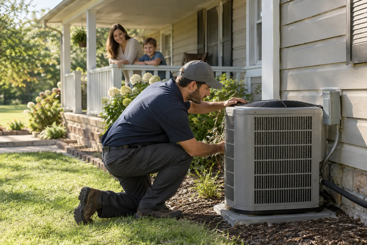 A provider checking an air conditioner for a family in the Green area